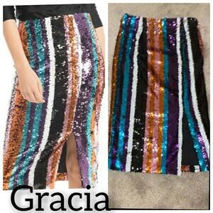 Gracia Side Slit Striped Sequin Skirt